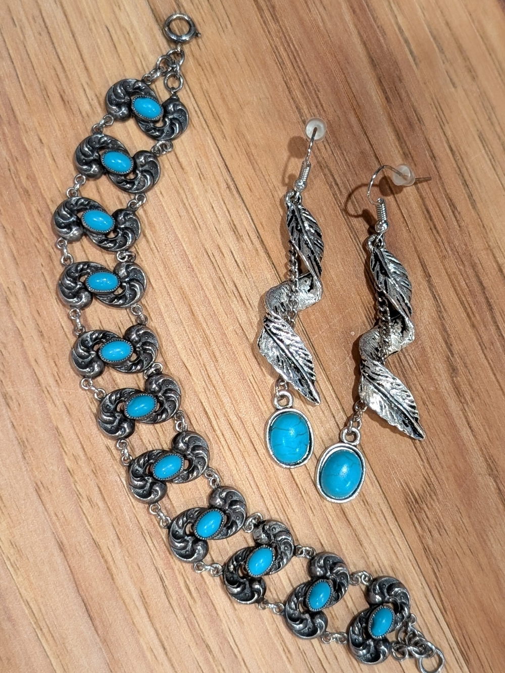 Turquoise Stone Silver-Tone Bracelet & Feather Drop Earrings Set